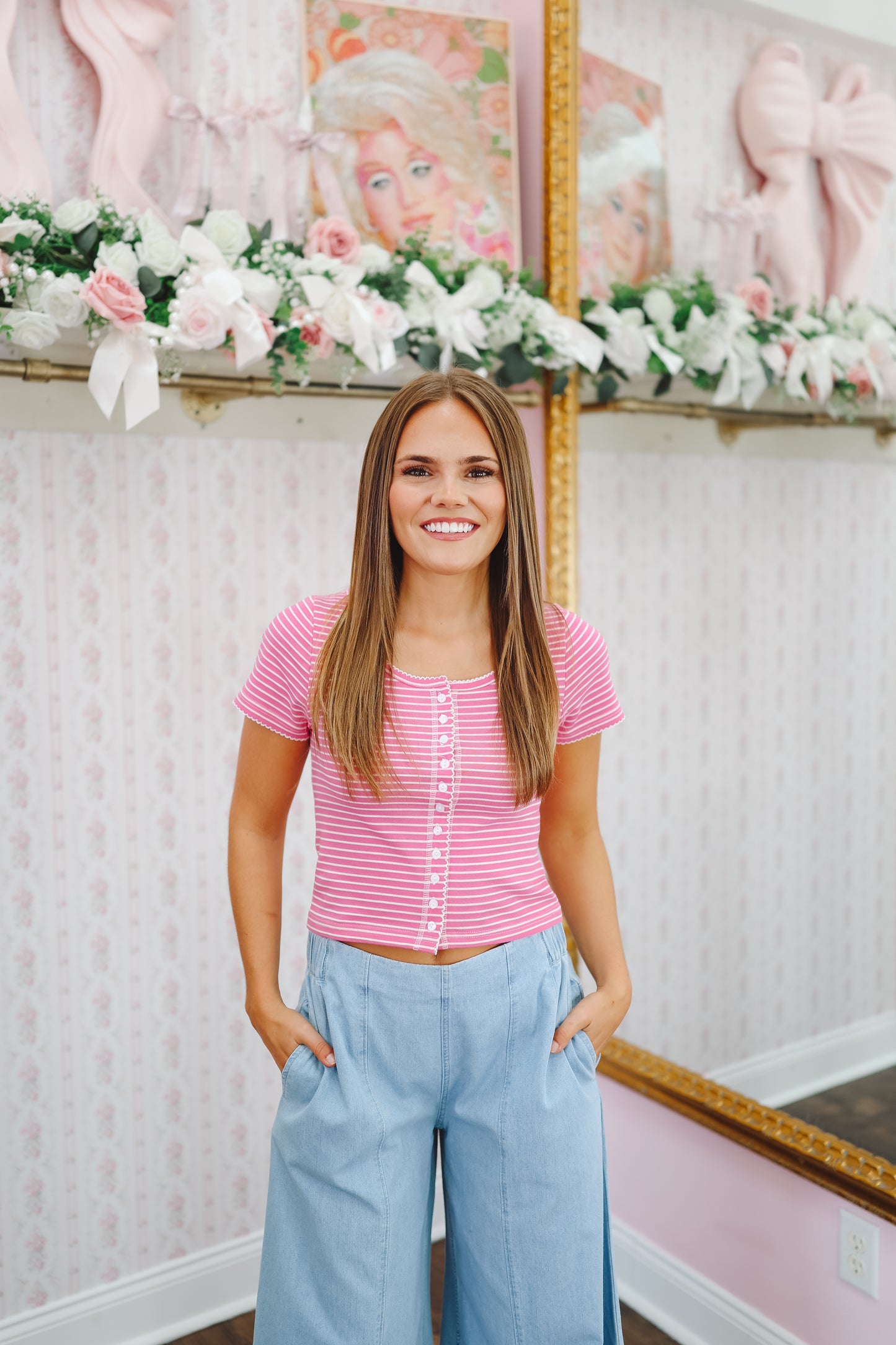 Brandy Stripe Button Up Top - Pink/White