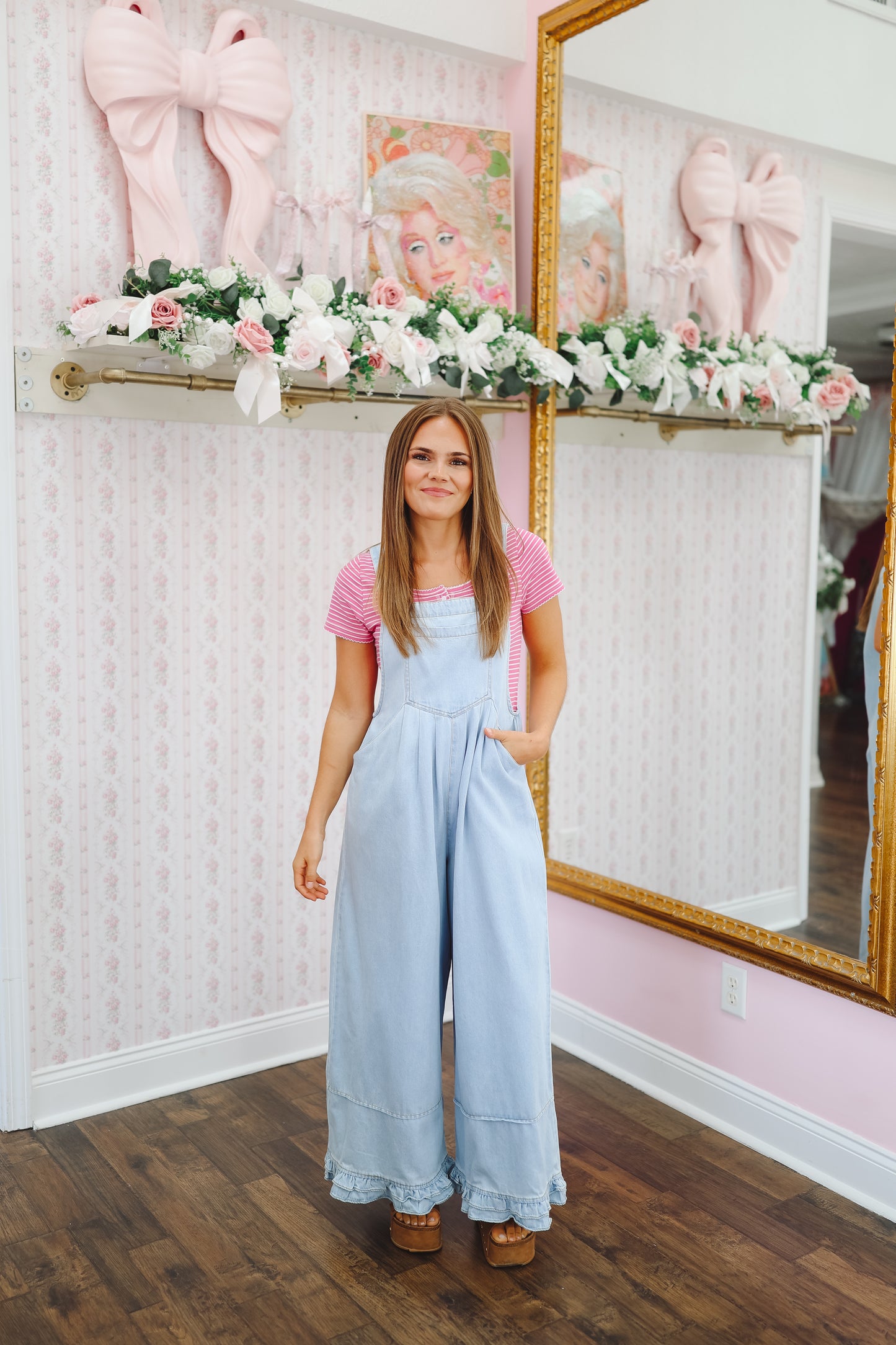 Journey Wide Leg Ruffle Hem Denim Overalls - Light Wash