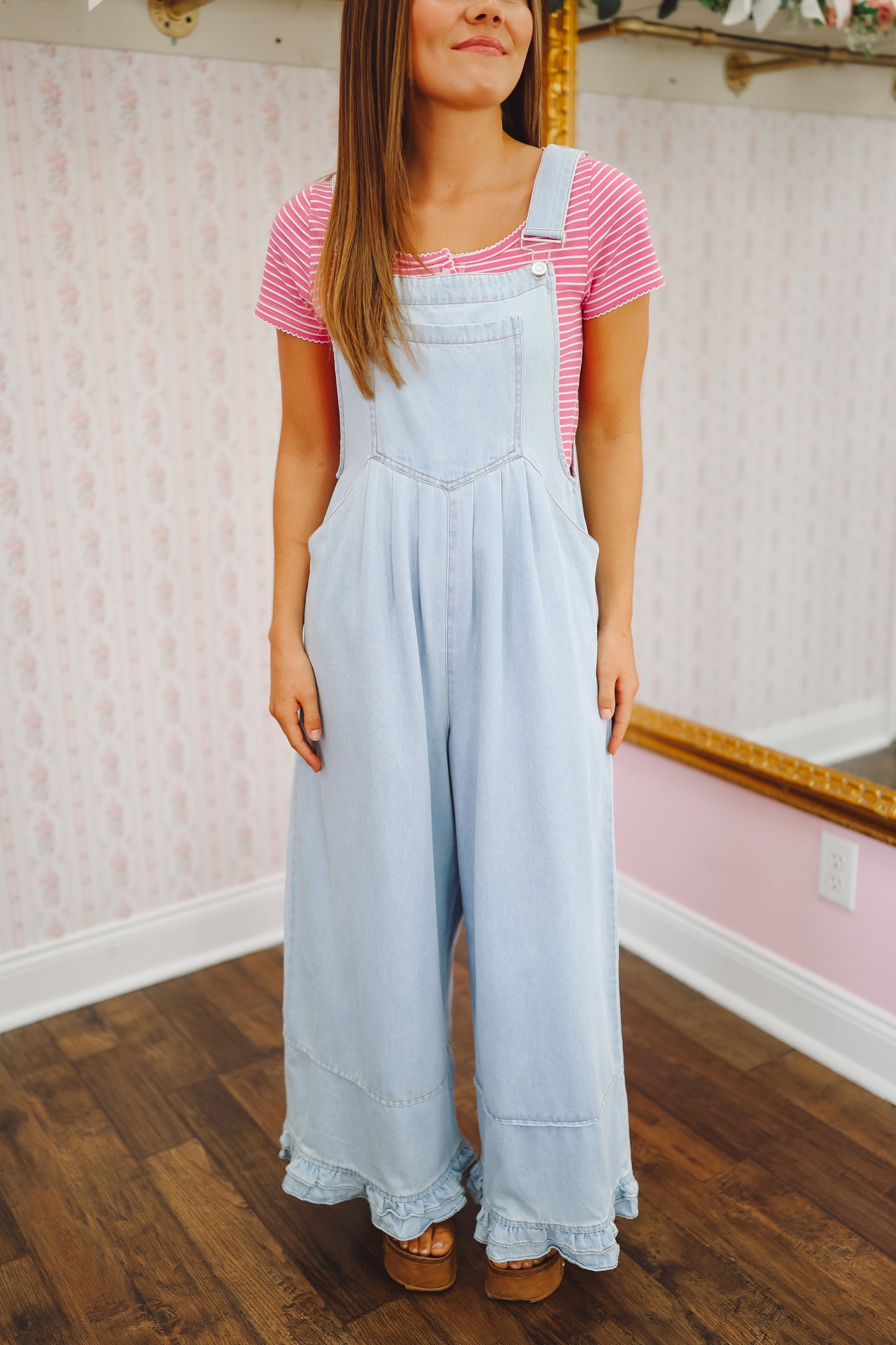 Journey Wide Leg Ruffle Hem Denim Overalls - Light Wash