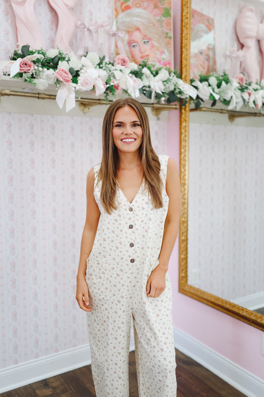 Tatum Floral V-Neck Button Down Jumpsuit - Off White