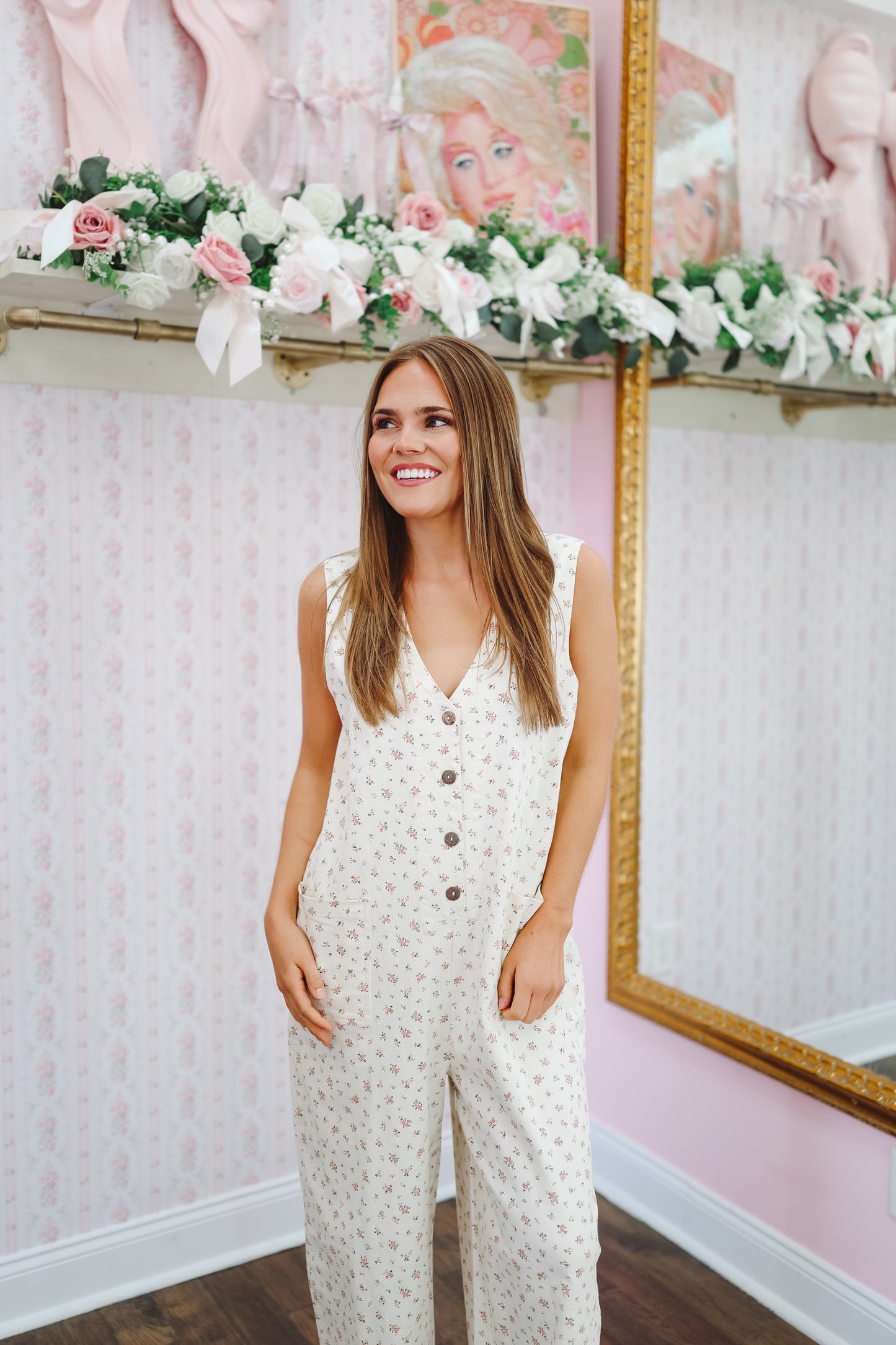 Tatum Floral V-Neck Button Down Jumpsuit - Off White