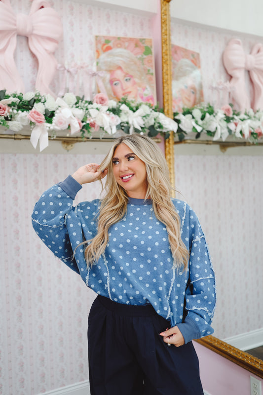 Amelia Vintage Polka Dots Pullover - Denim