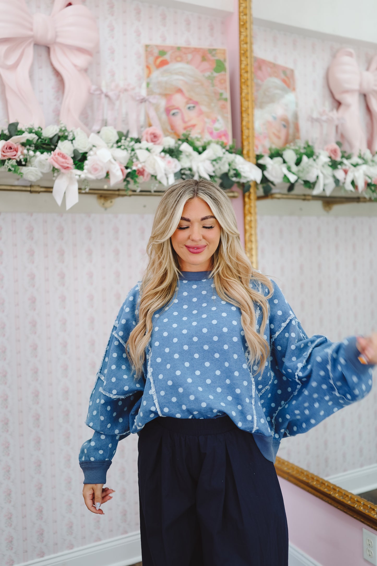 Amelia Vintage Polka Dots Pullover - Denim