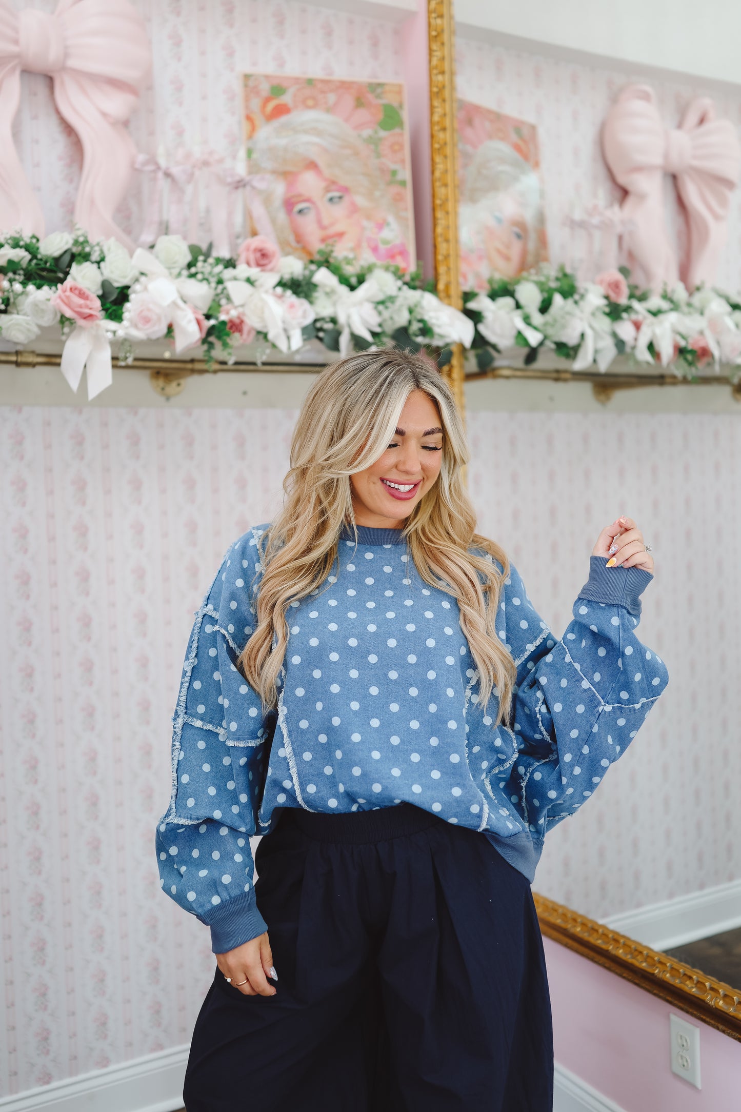 Amelia Vintage Polka Dots Pullover - Denim
