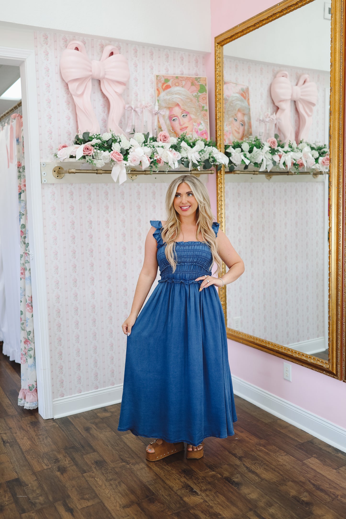 Krissy Smocked Ruffle Strap Denim Midi Dress - Denim