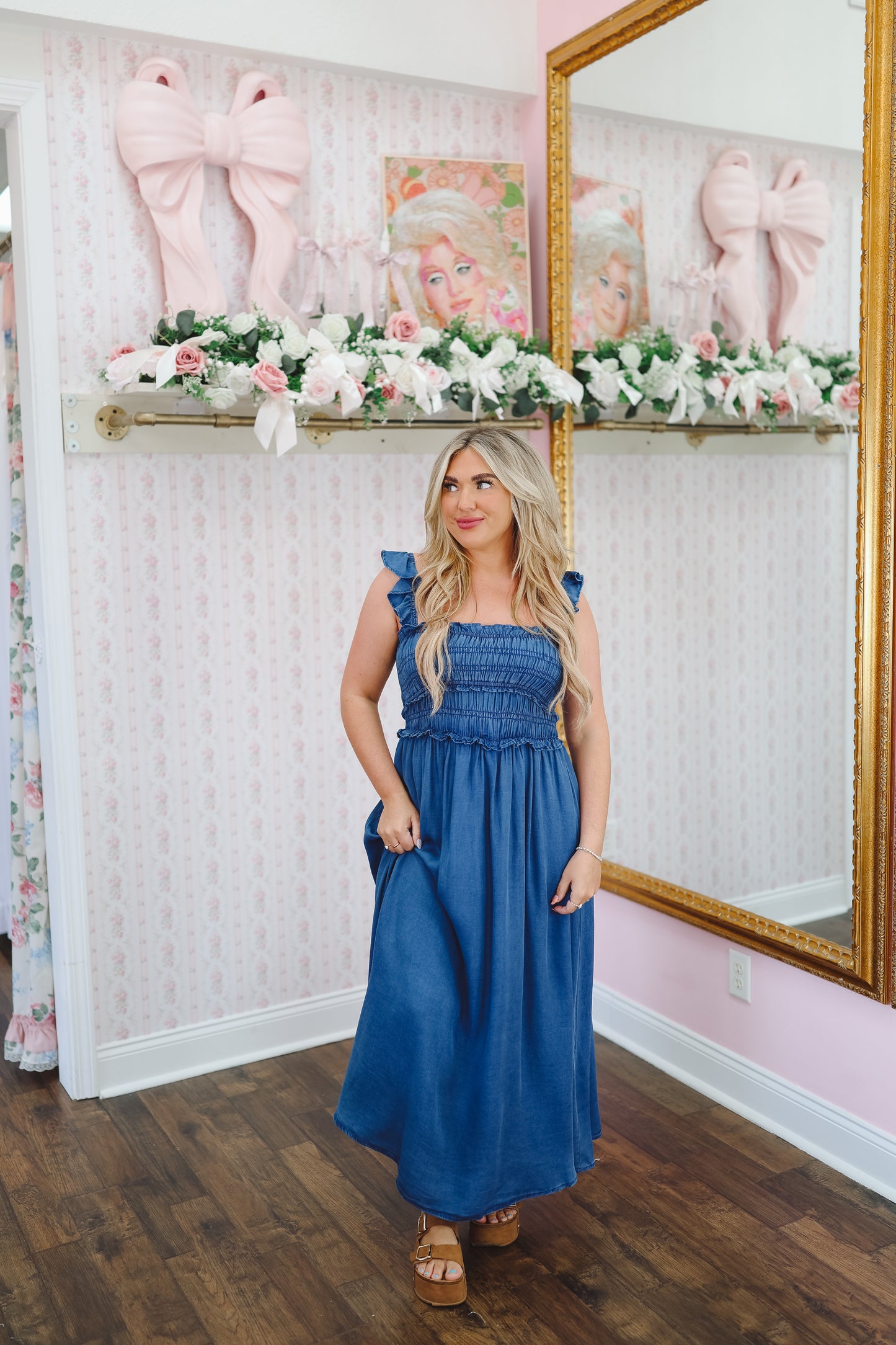 Krissy Smocked Ruffle Strap Denim Midi Dress - Denim
