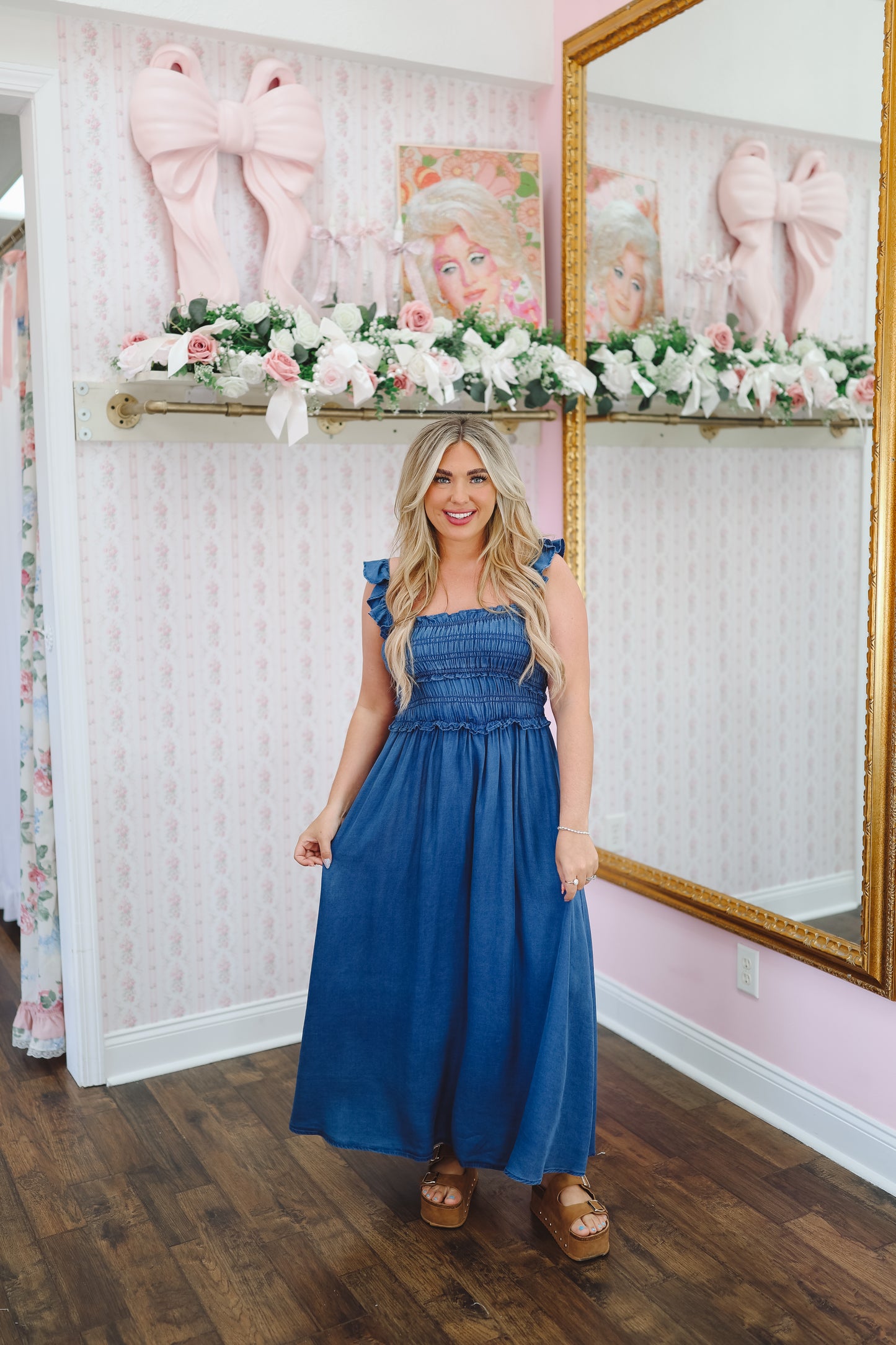 Krissy Smocked Ruffle Strap Denim Midi Dress - Denim