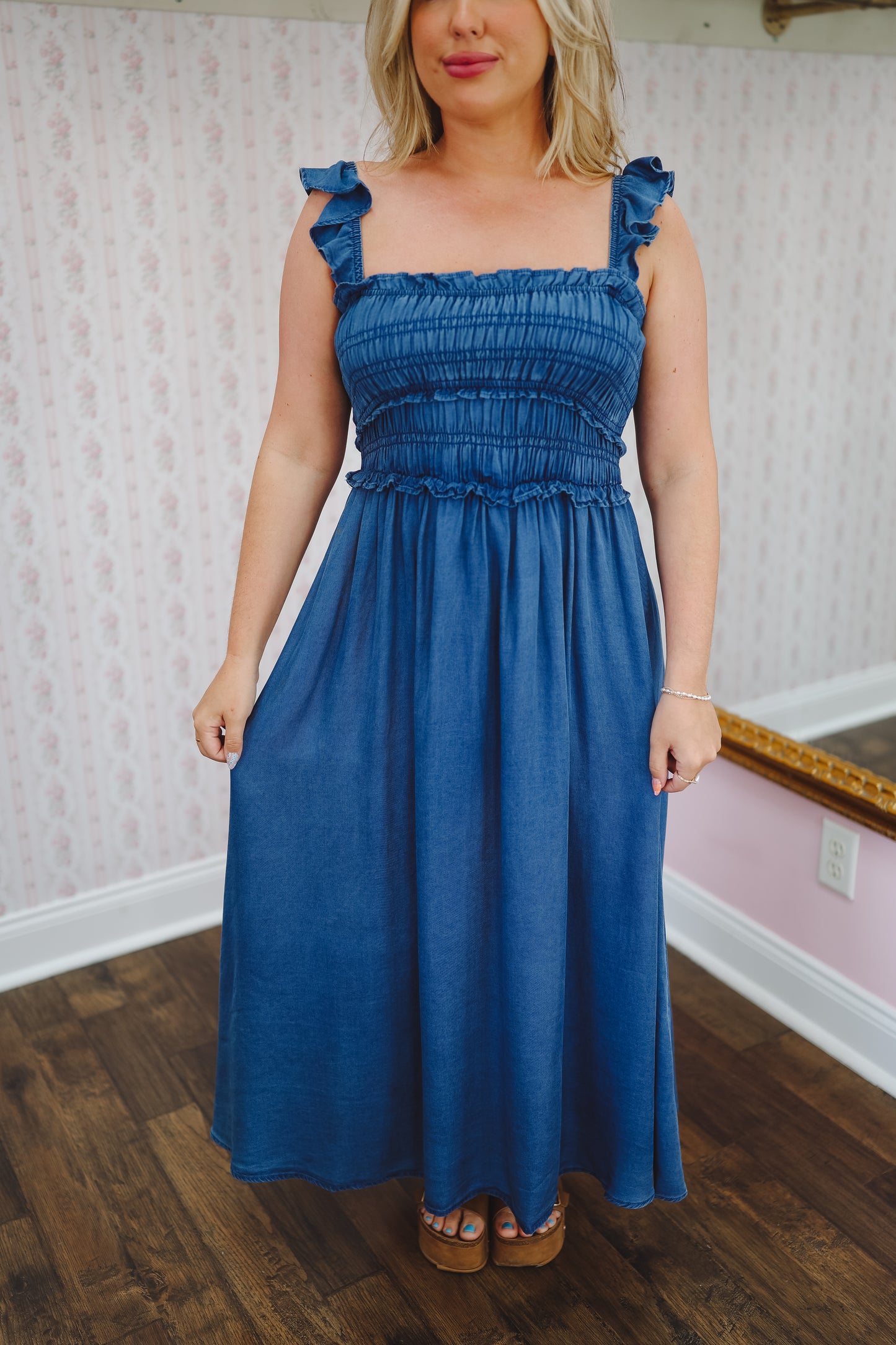 Krissy Smocked Ruffle Strap Denim Midi Dress - Denim