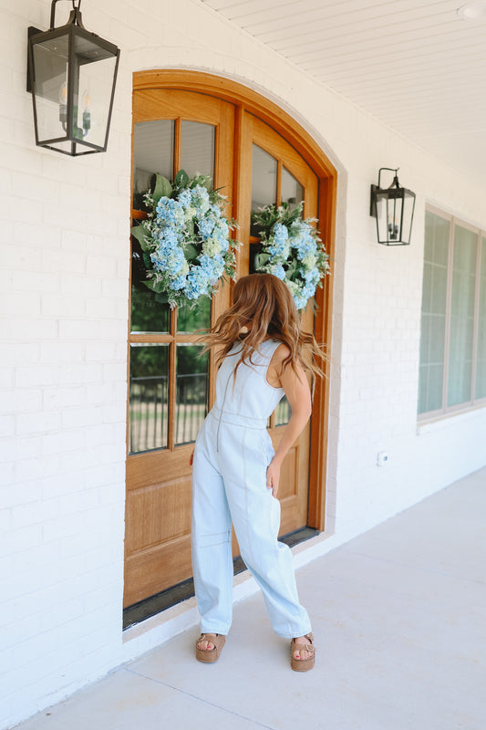 Kailey Barrel Leg Zip Up Jumpsuit - Light Wash