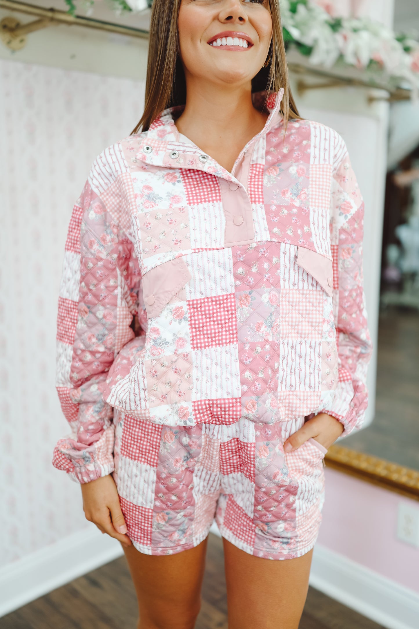 Sabrina Patchwork Quilted Pullover & Shorts Set - Pink