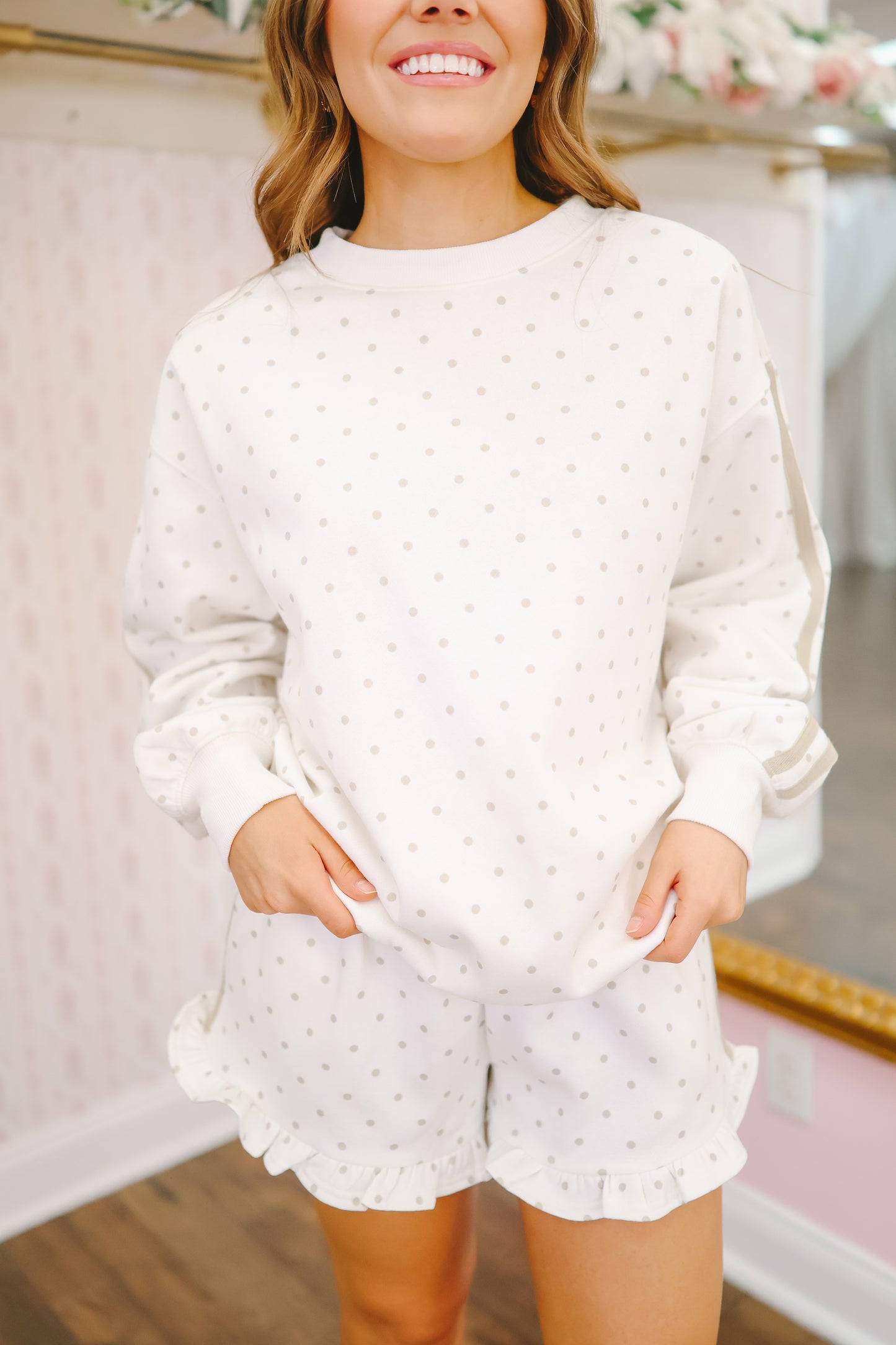 Juliette Polka Dot Ruffle Set - Cream/Taupe