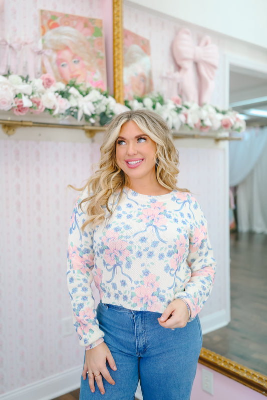 Addie Bow Print Floral Sweater - Cream/Pink
