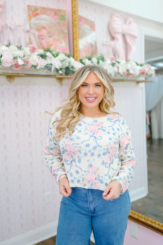 Addie Bow Print Floral Sweater - Cream/Pink