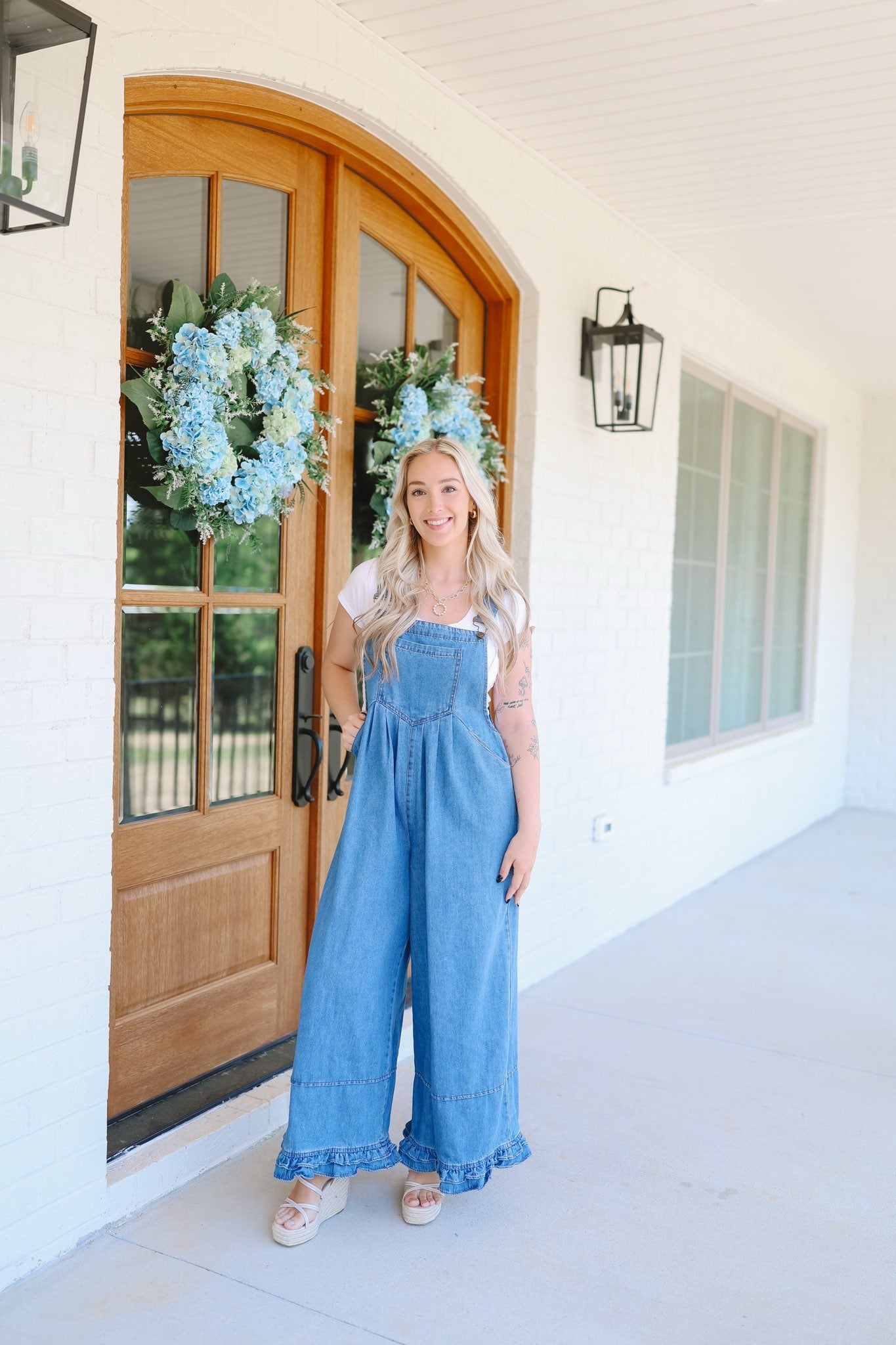 Journey Wide Leg Ruffle Hem Denim Overalls - Medium Wash