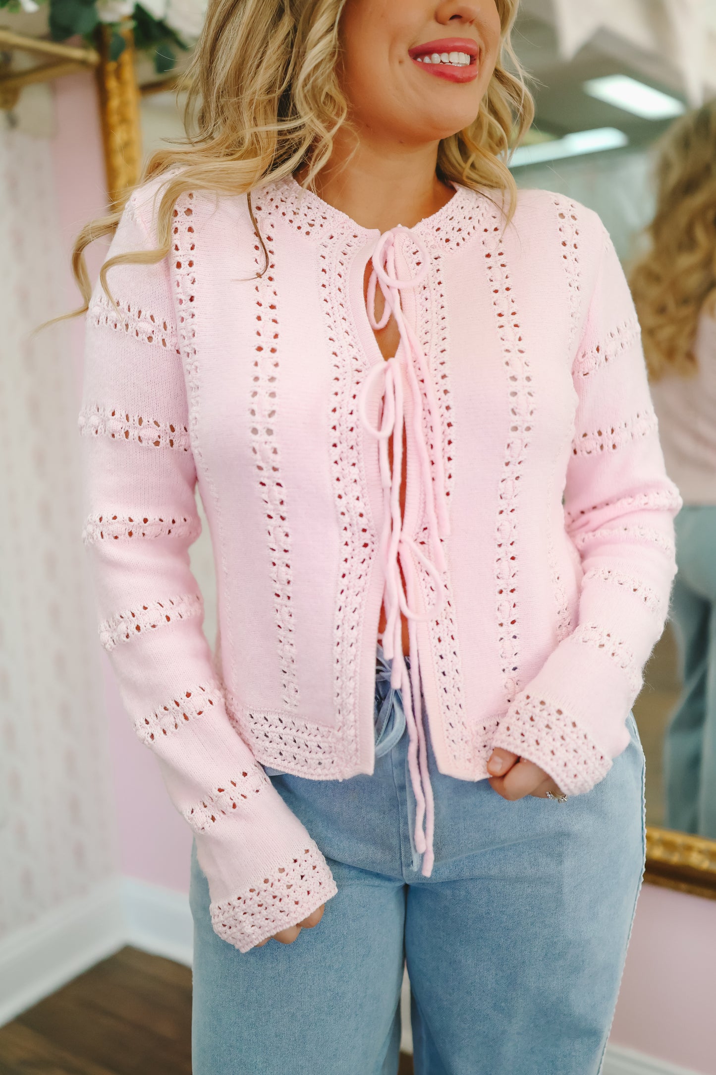 Alexis Open Knit Bow Cardigan - Pink