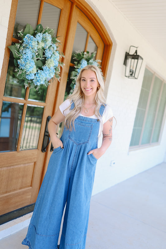 Journey Wide Leg Ruffle Hem Denim Overalls - Medium Wash