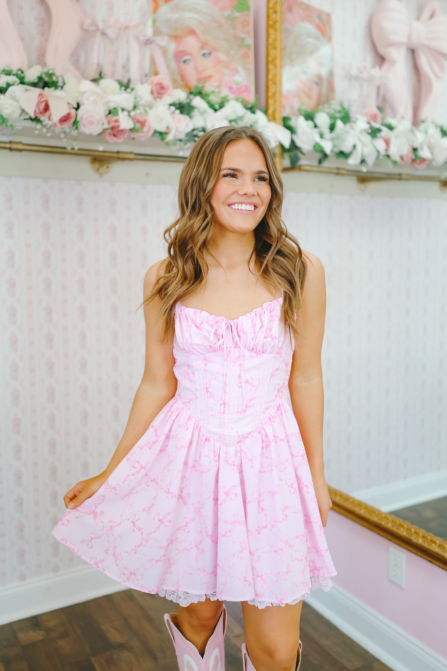 Josie Bow Print Lace Dress - Pink