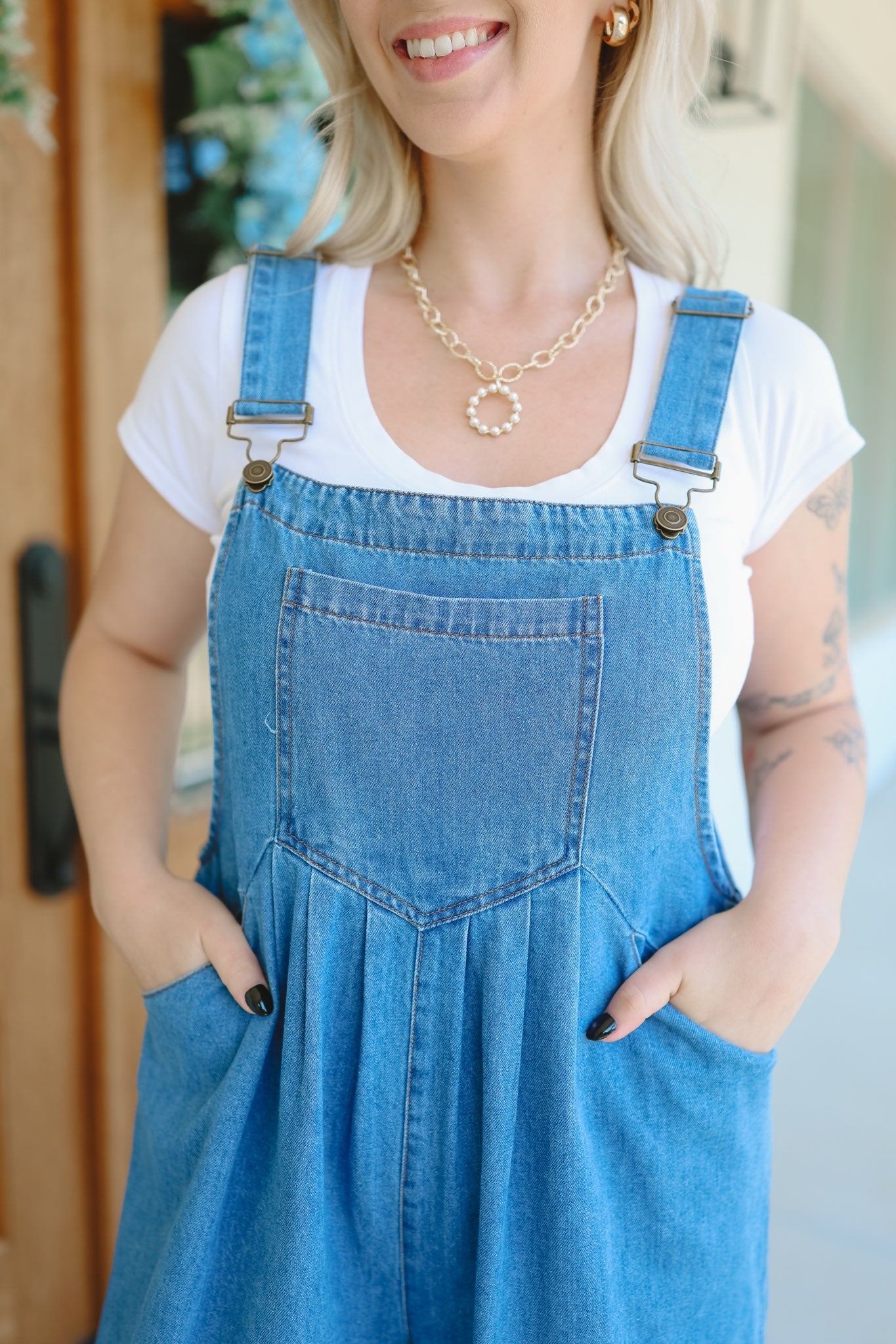 Journey Wide Leg Ruffle Hem Denim Overalls - Medium Wash