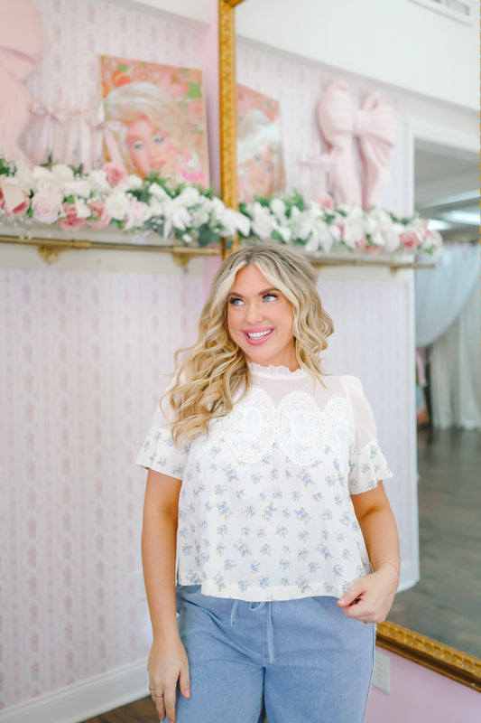 Malorie Floral Lace Trim Blouse - Cream/Blue