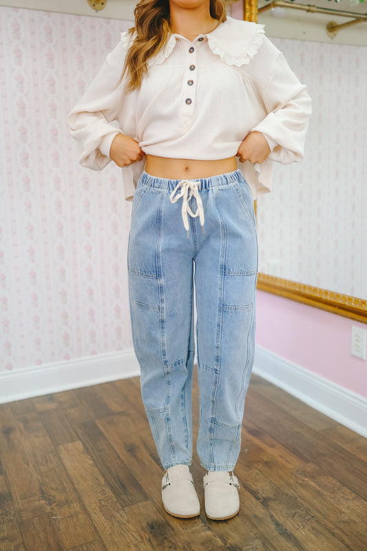 Daniela Mid-Rise Drawstring Barrel Jeans - Medium Wash