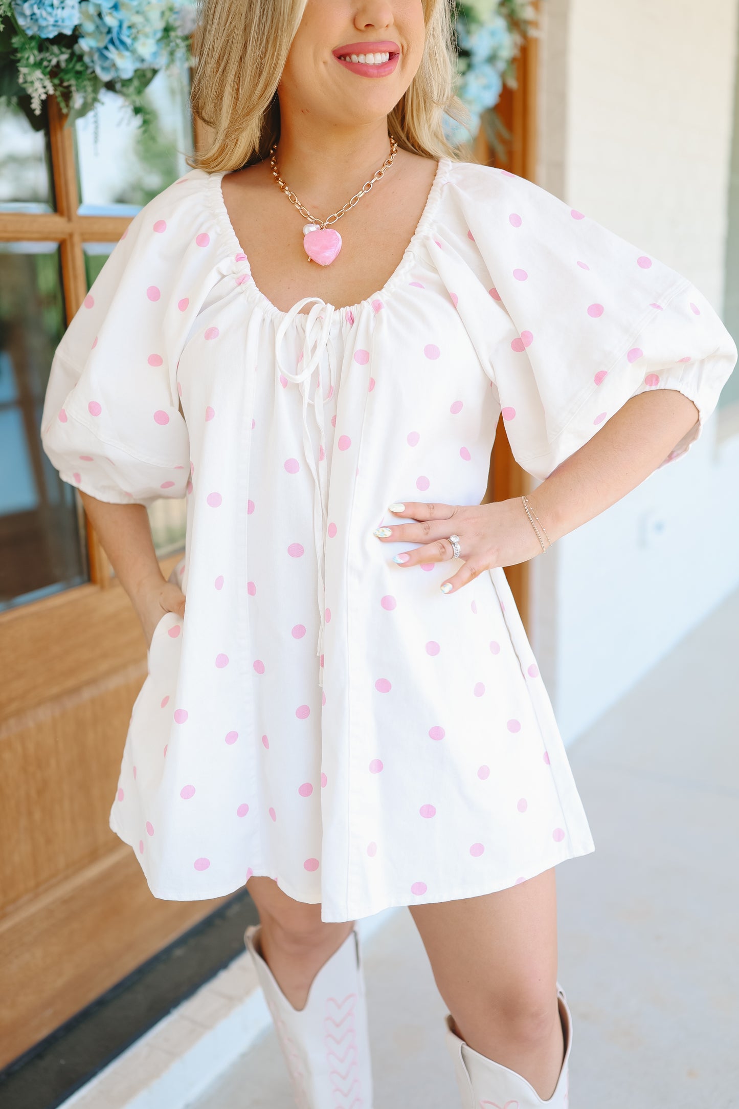 Elsie Bubble Sleeve Polka Dot Romper - Cream/Pink