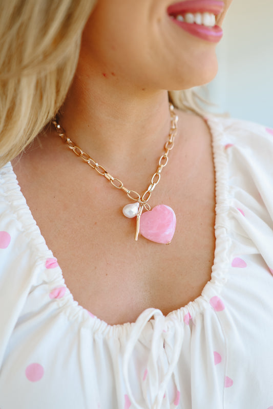 Ariel Marbled Heart Pendant Chain Necklace - Pink