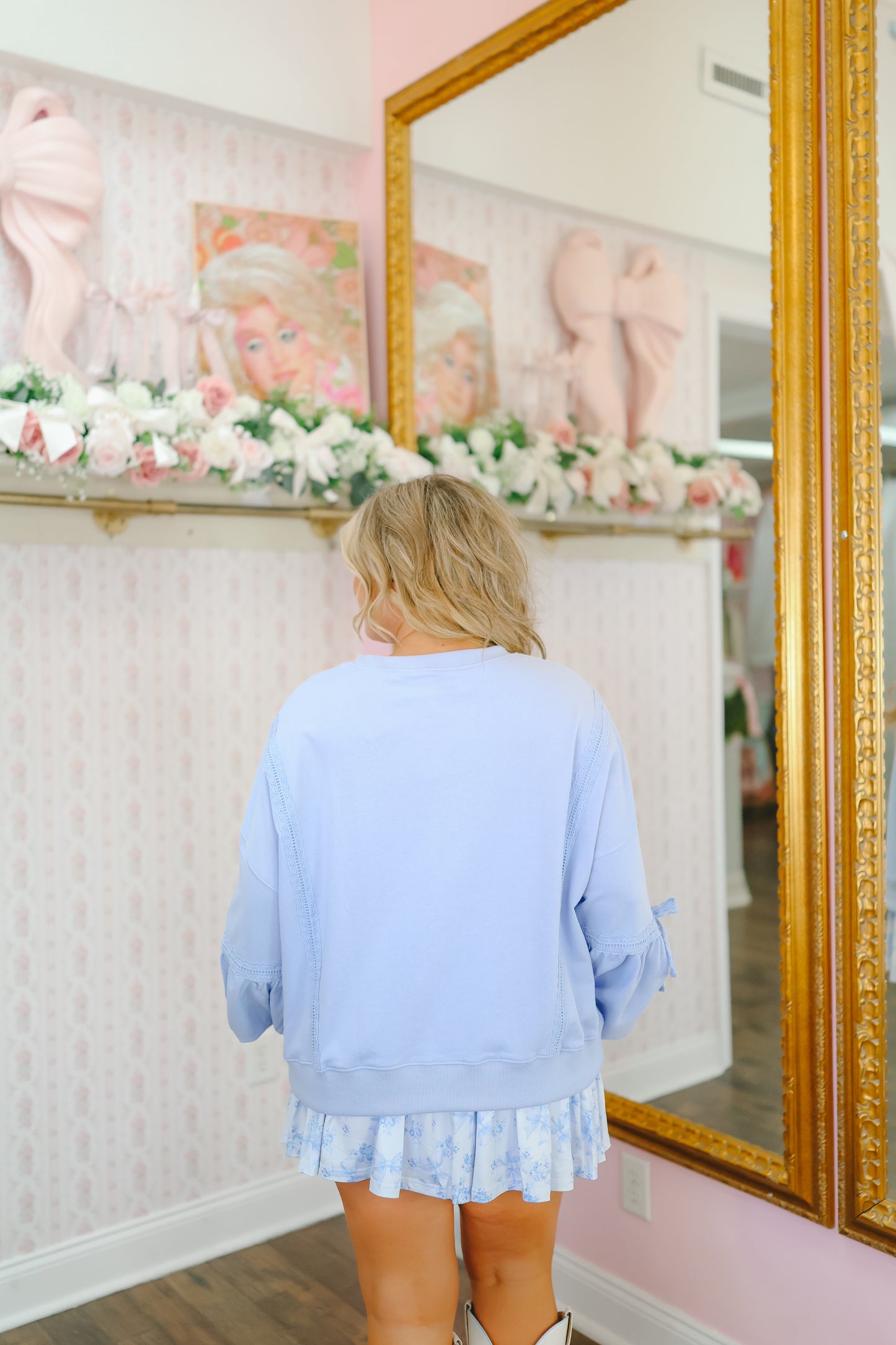 Alisha Lace Trim Bow Sleeves Pullover – Blue