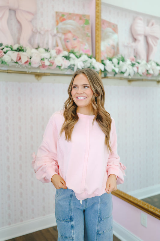 Alisha Lace Trim Bow Sleeves Pullover – Pink