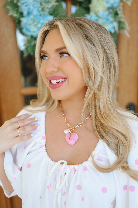 Ariel Marbled Heart Pendant Chain Necklace - Pink