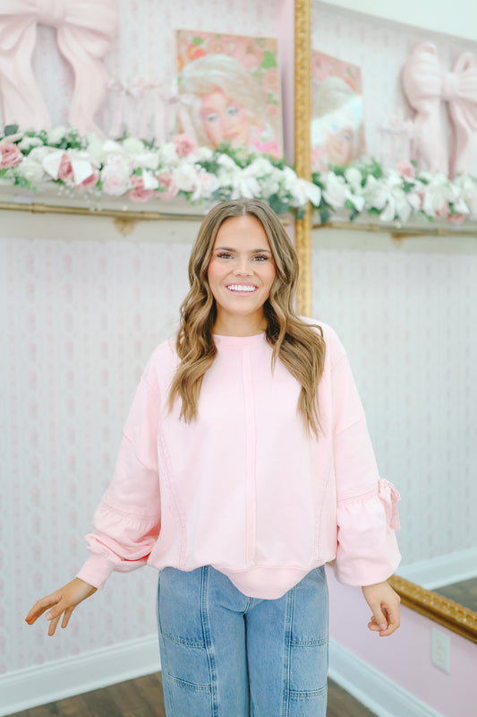 Alisha Lace Trim Bow Sleeves Pullover – Pink