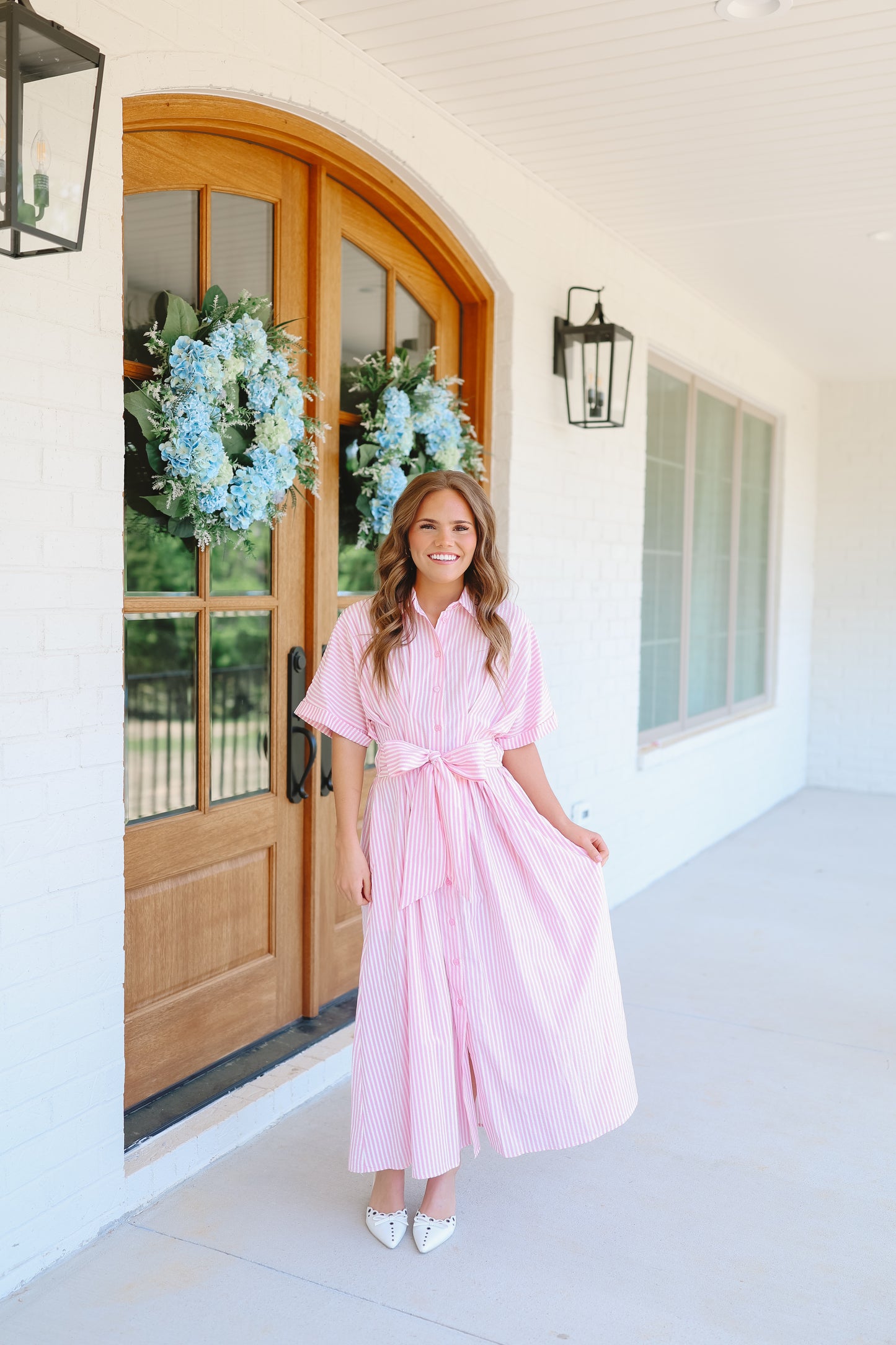 Rosalina Seersucker Striped Bow Back Midi Dress - Pink/White