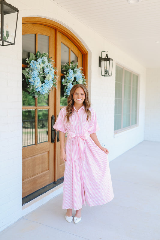 Rosalina Seersucker Striped Bow Back Midi Dress - Pink/White