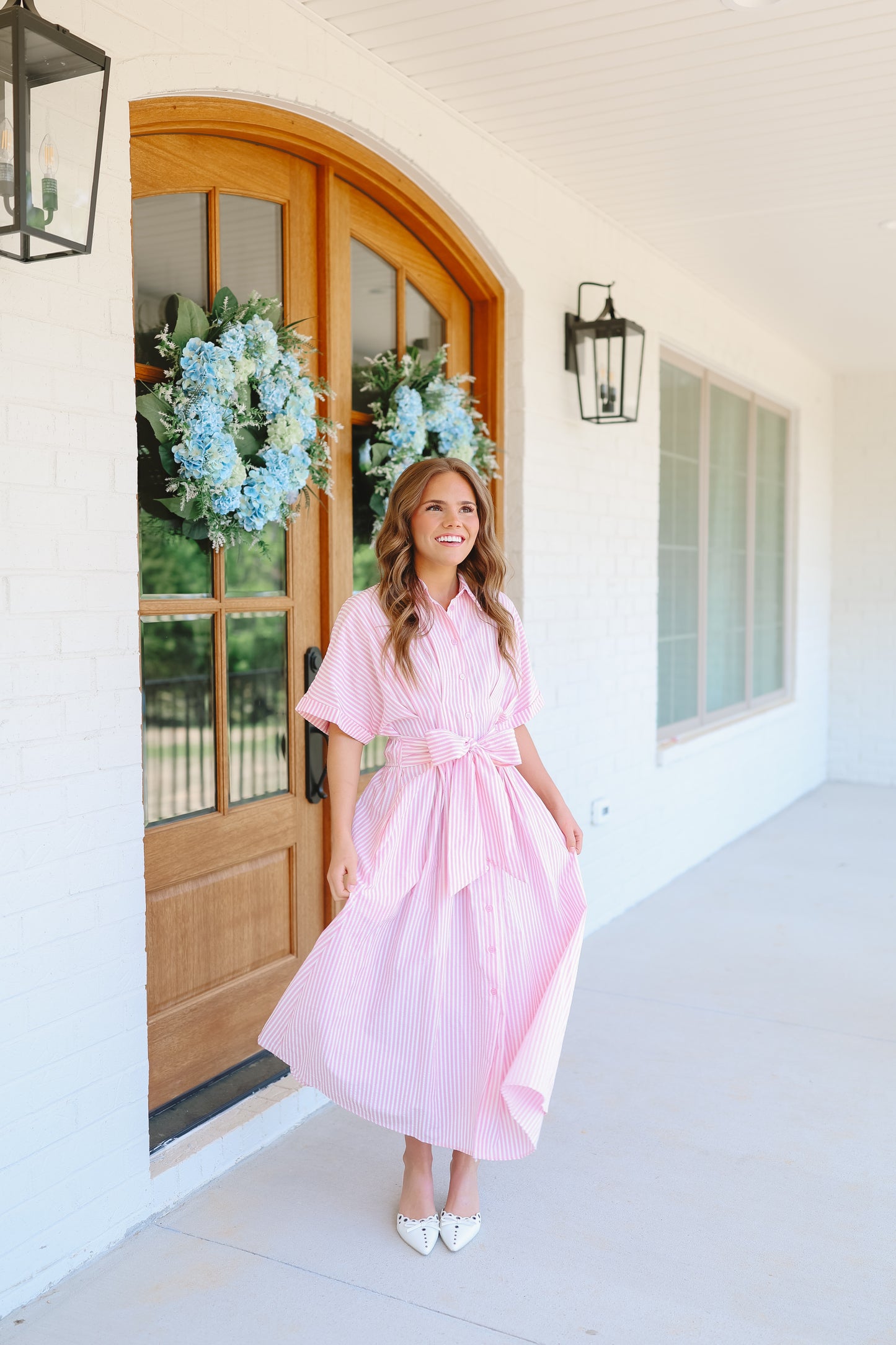 Rosalina Seersucker Striped Bow Back Midi Dress - Pink/White