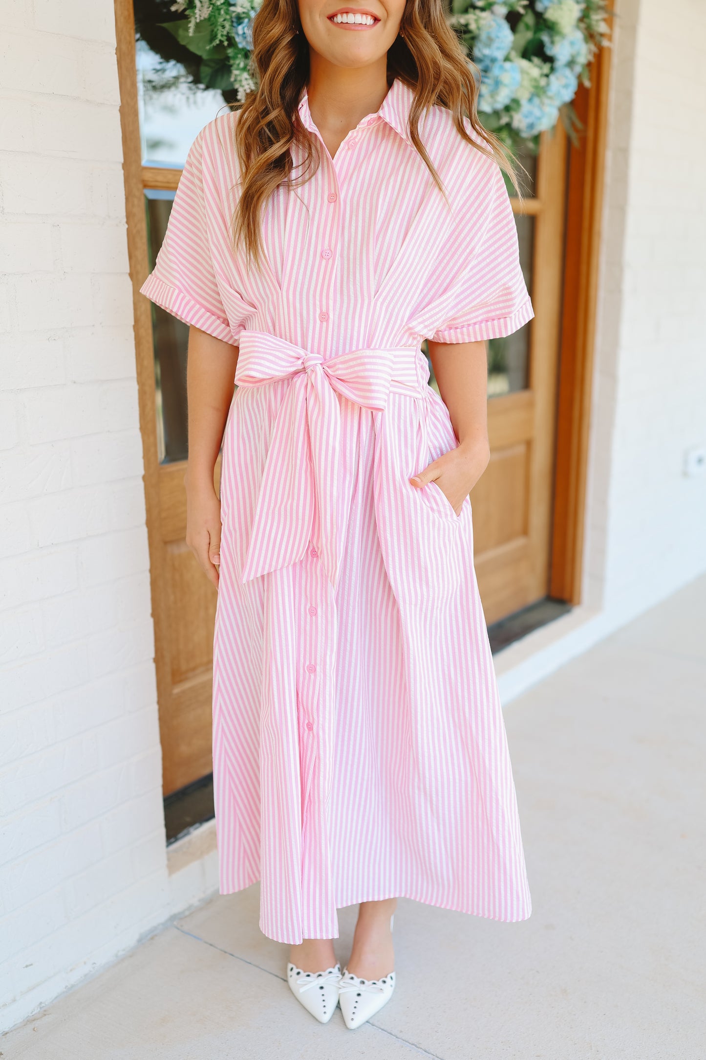 Rosalina Seersucker Striped Bow Back Midi Dress - Pink/White