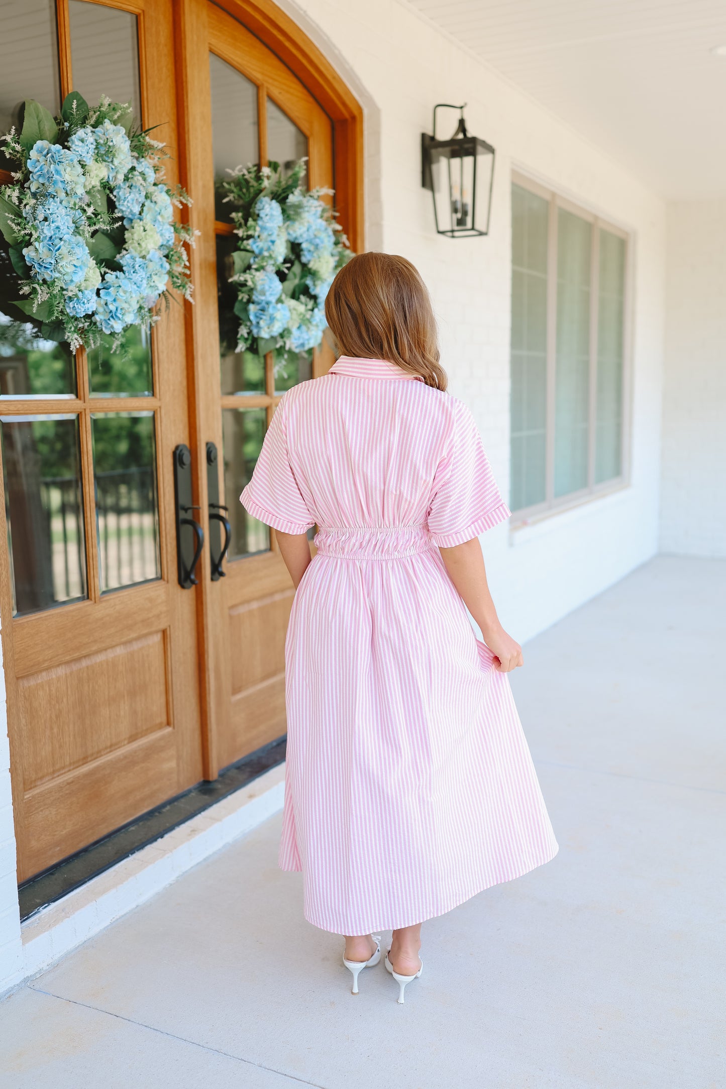 Rosalina Seersucker Striped Bow Back Midi Dress - Pink/White