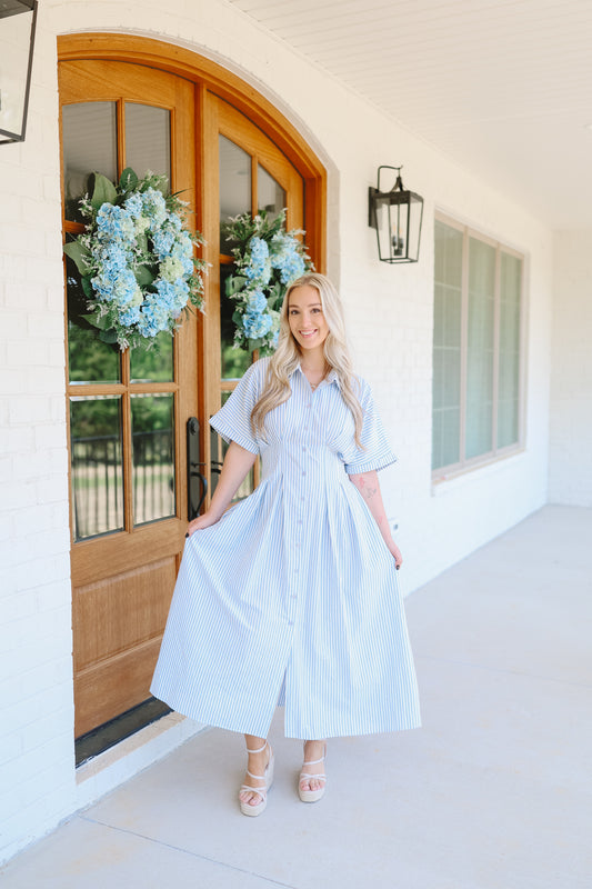 Rosalina Seersucker Striped Bow Back Midi Dress - Lt. Blue/White