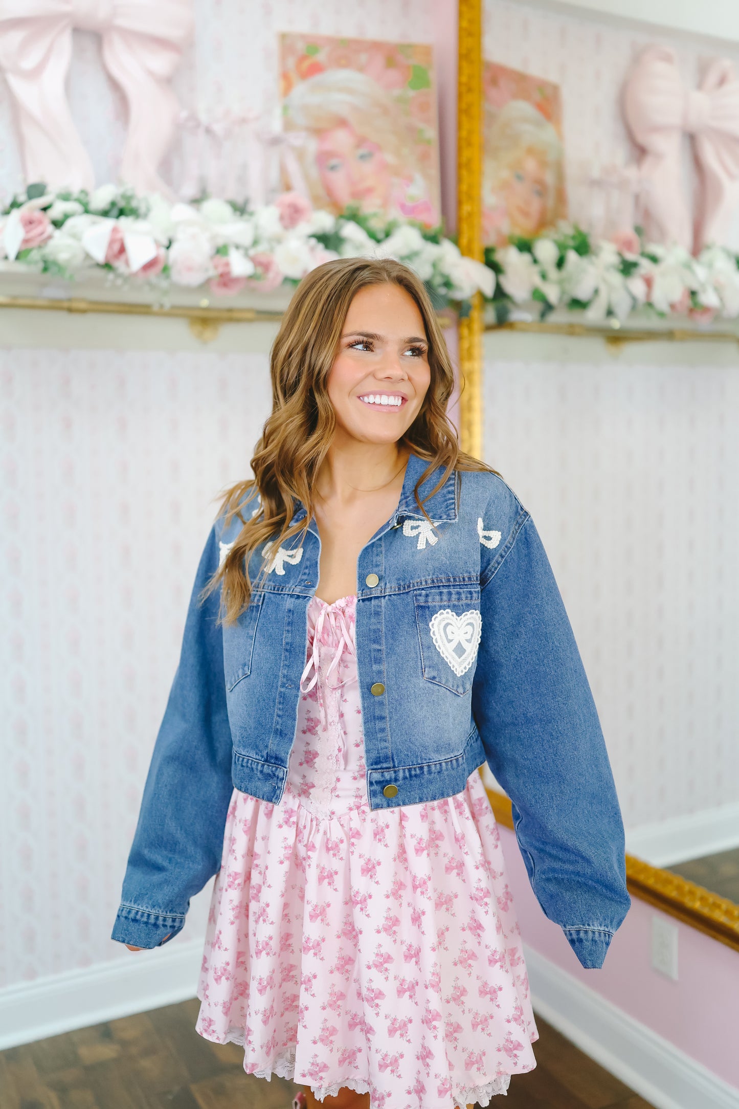 Lottie Crochet Bow & Lace Heart Denim Jacket - Medium Wash