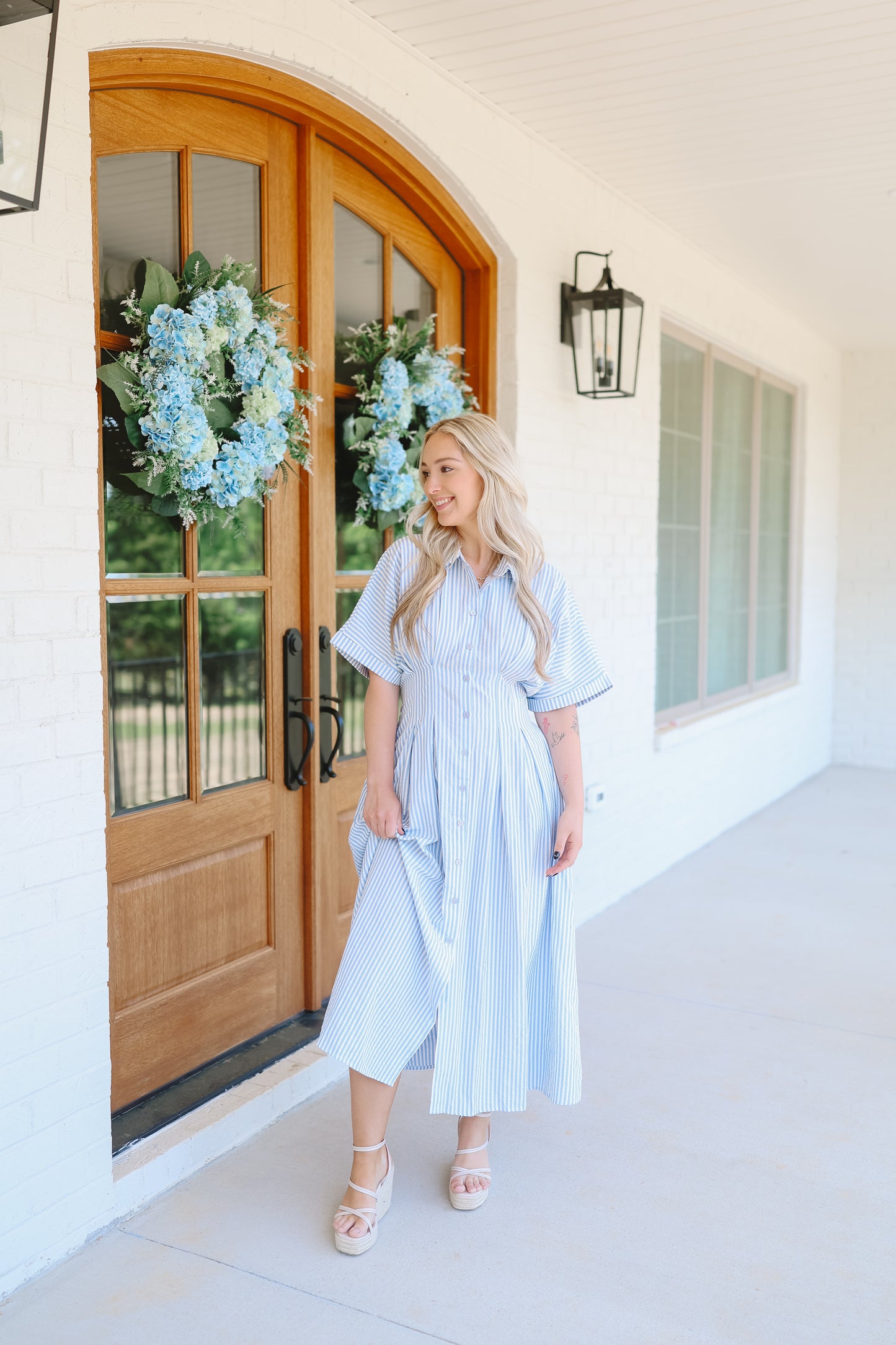 Rosalina Seersucker Striped Bow Back Midi Dress - Lt. Blue/White