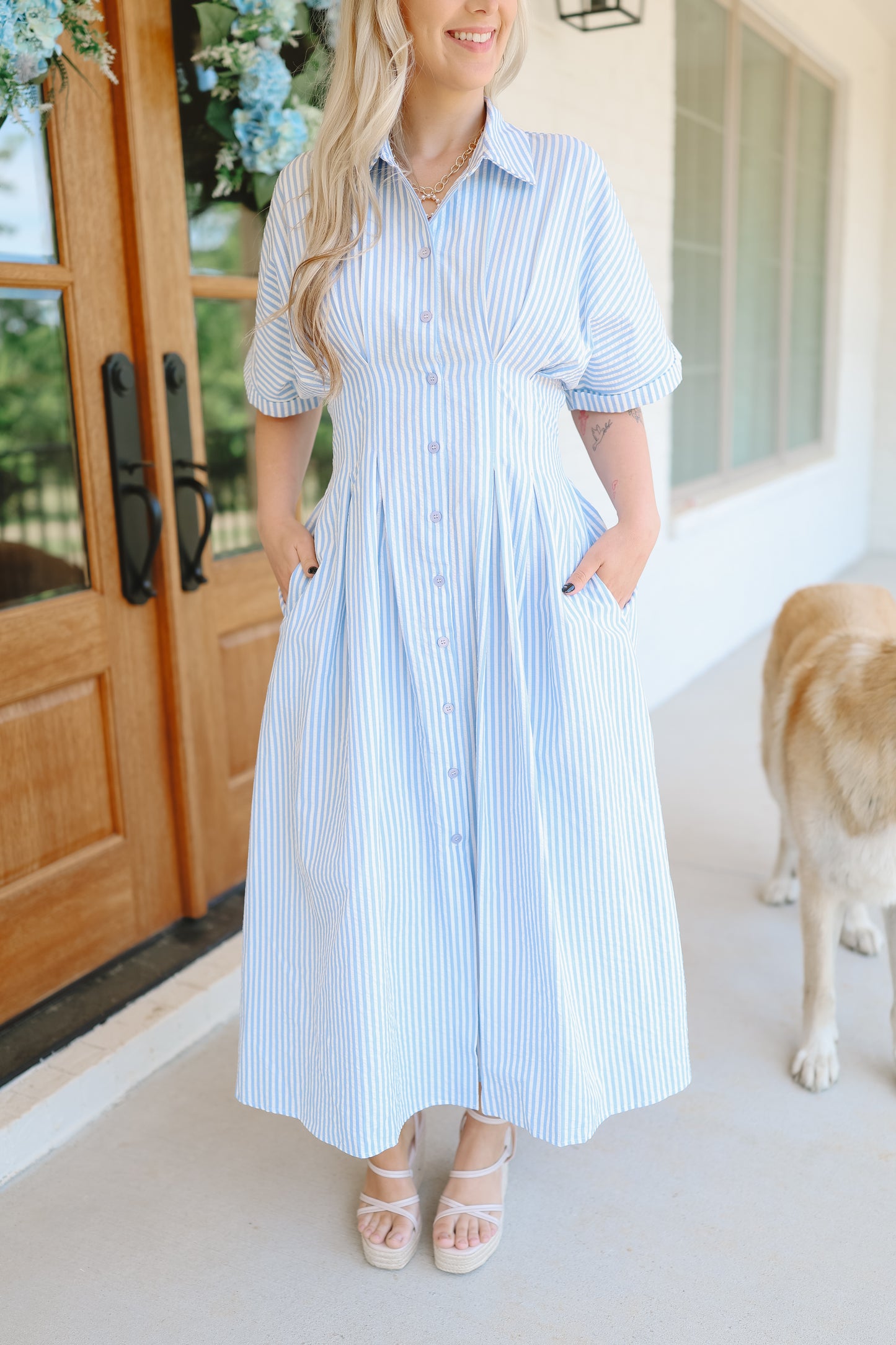 Rosalina Seersucker Striped Bow Back Midi Dress - Lt. Blue/White