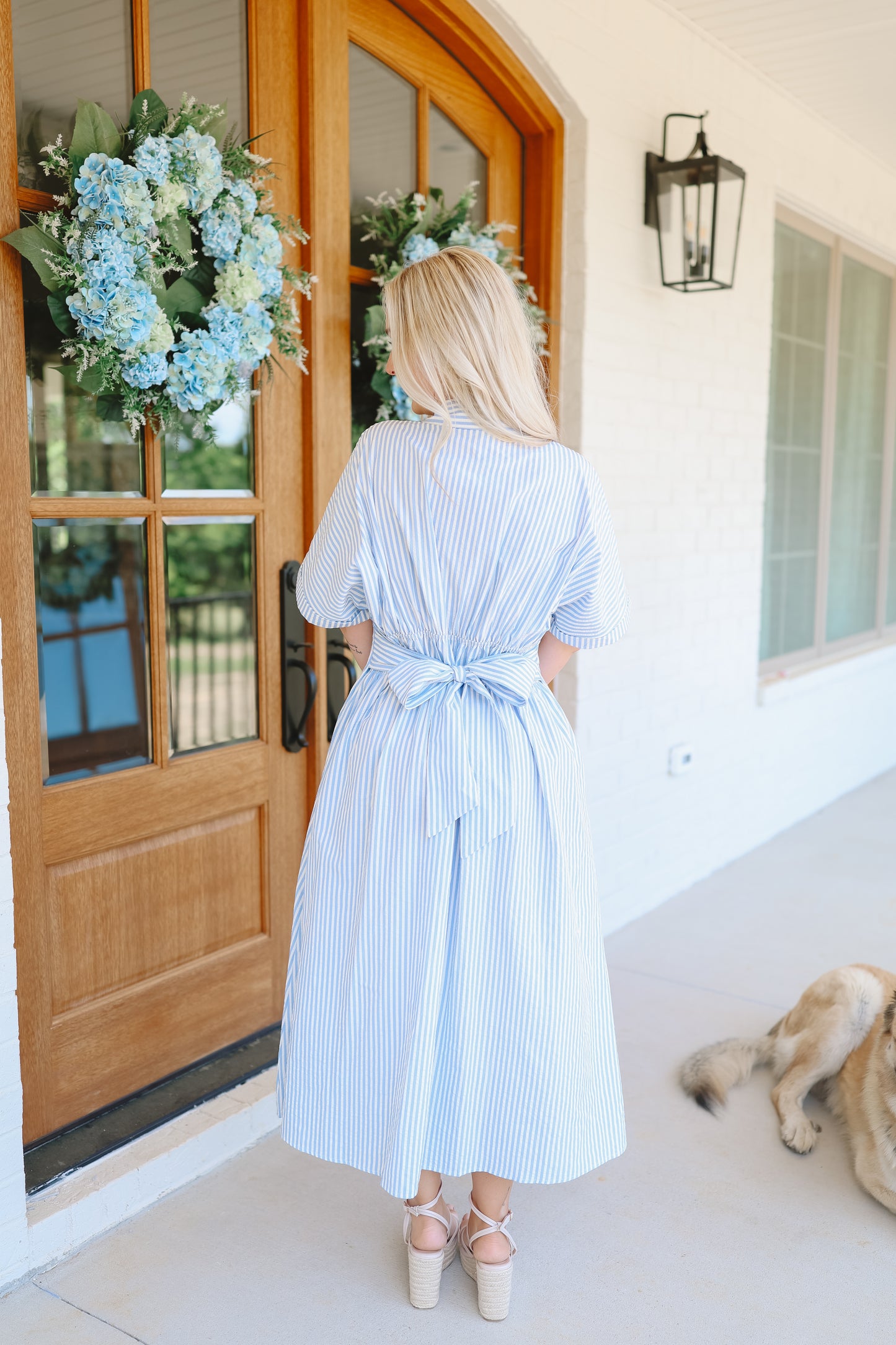 Rosalina Seersucker Striped Bow Back Midi Dress - Lt. Blue/White
