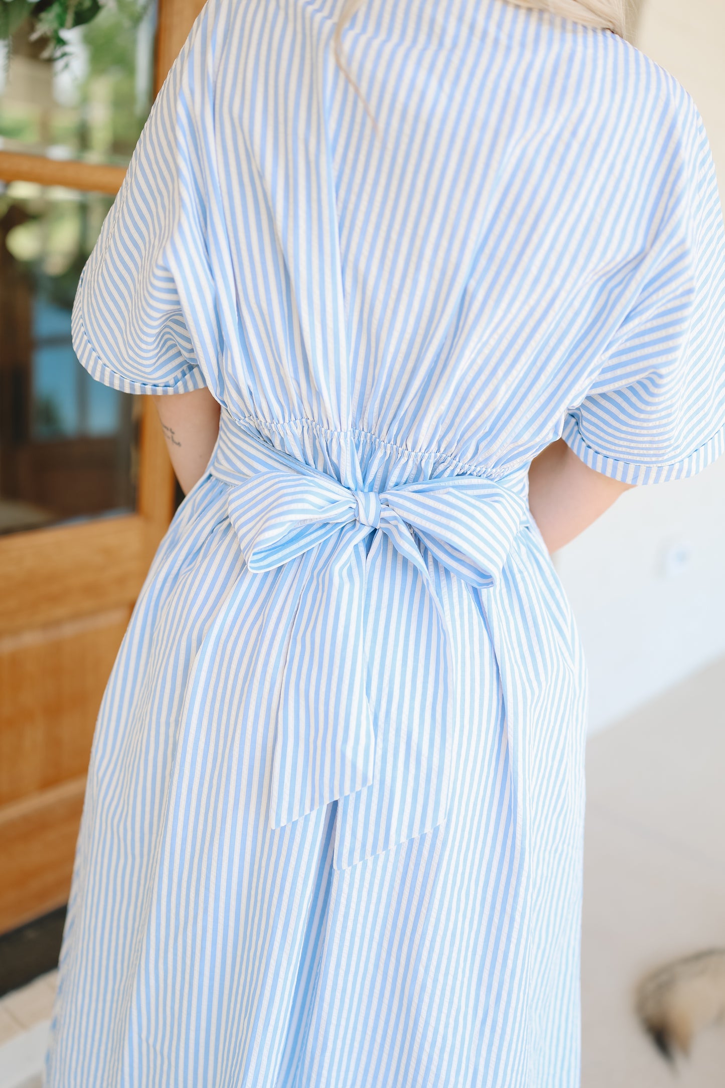 Rosalina Seersucker Striped Bow Back Midi Dress - Lt. Blue/White