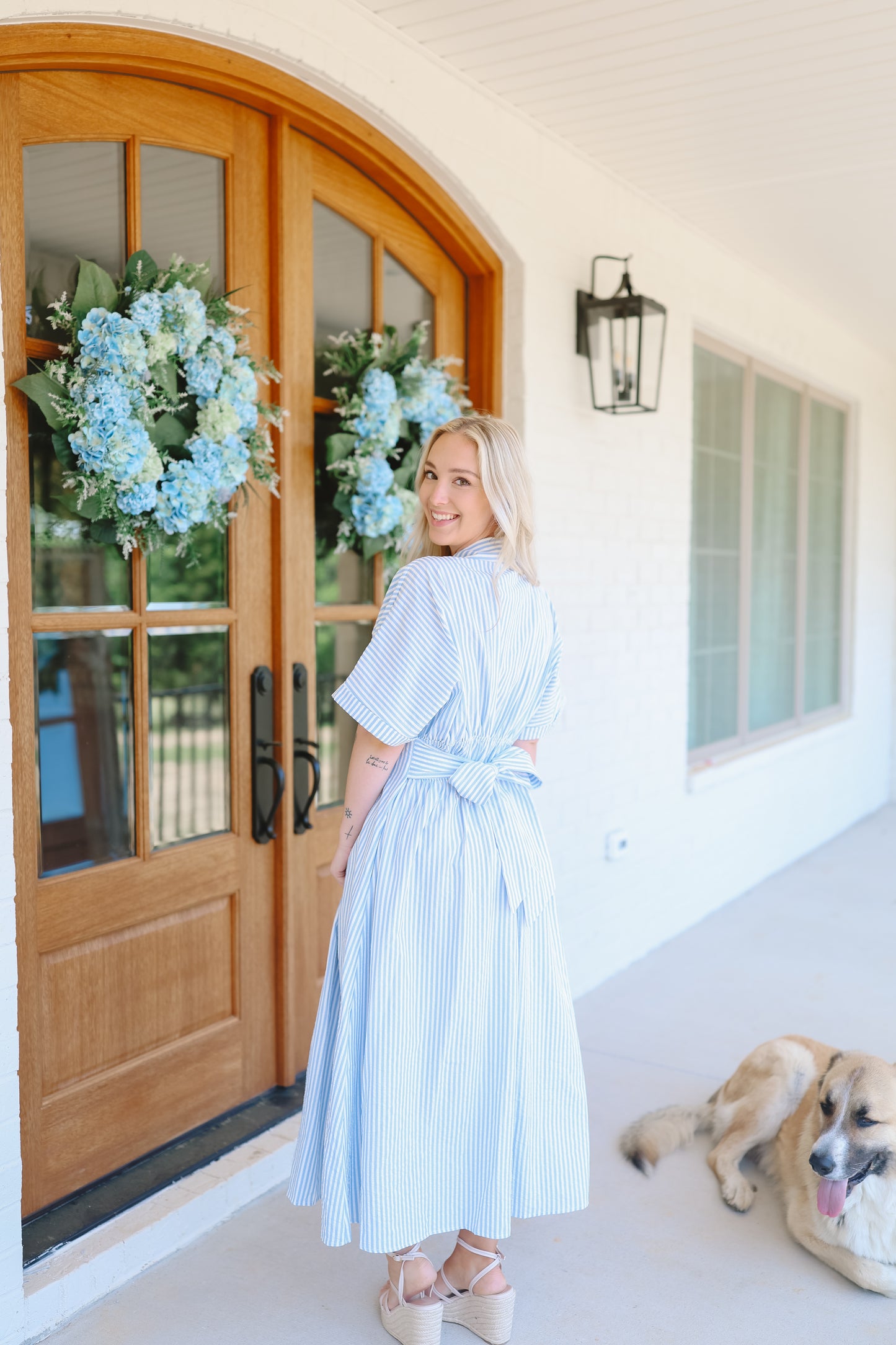 Rosalina Seersucker Striped Bow Back Midi Dress - Lt. Blue/White