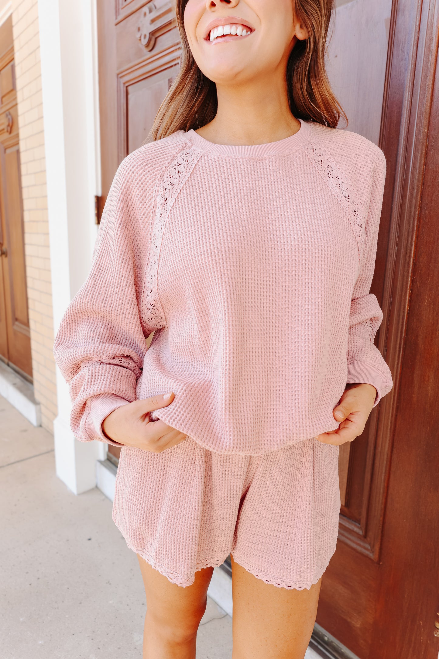 Joanna Lace Trim Waffle Knit Set - Pink