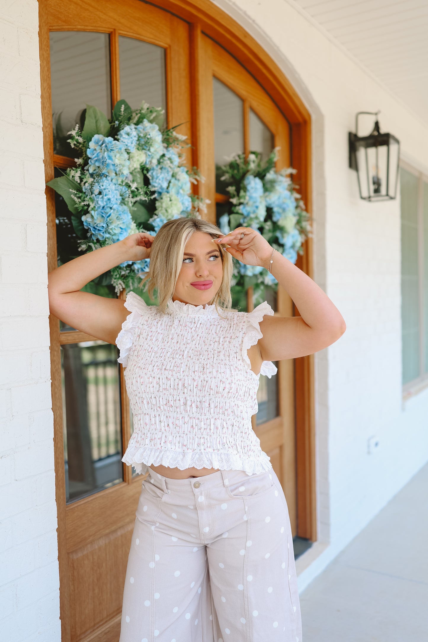Izabella Floral Smocked Ruffle Sleeve Back Bow Top - Off White