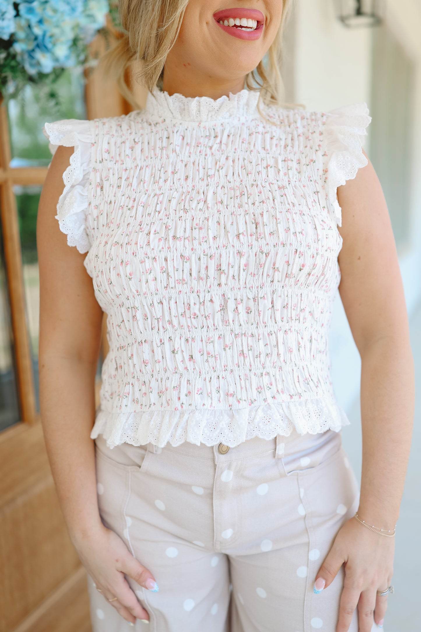 Izabella Floral Smocked Ruffle Sleeve Back Bow Top - Off White