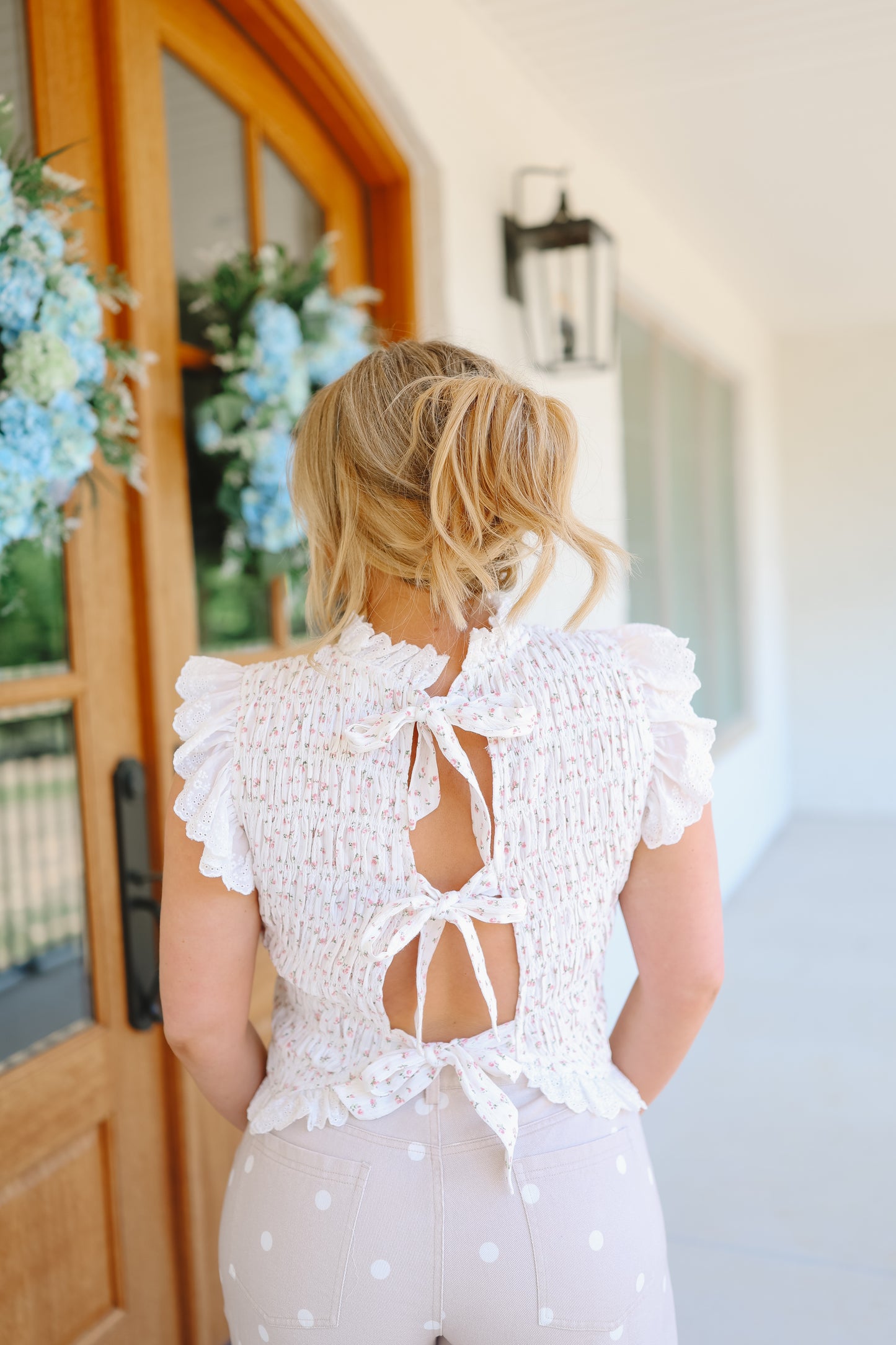 Izabella Floral Smocked Ruffle Sleeve Back Bow Top - Off White