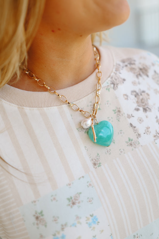 Ariel Marbled Heart Pendant Chain Necklace - Mint