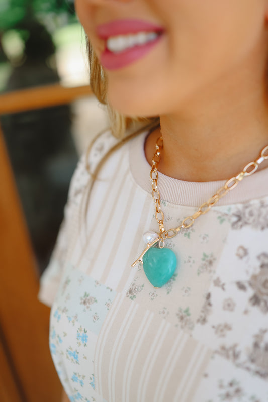 Ariel Marbled Heart Pendant Chain Necklace - Mint