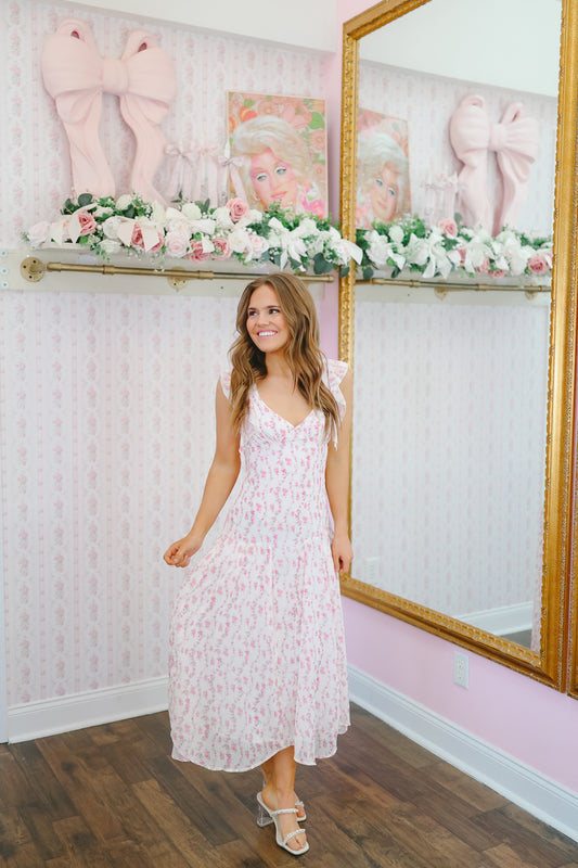 Faith Floral Flutter Sleeve Maxi Dress - Light Pink