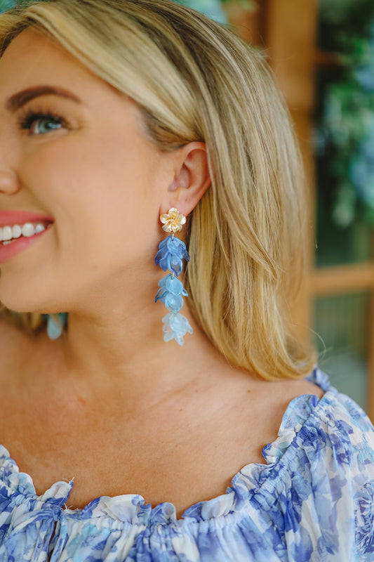 Florena Petal Tiered Statement Earrings - Blue